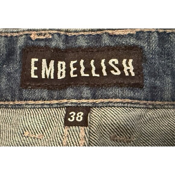 EMBELLISH Turkish Biker Denim Blue Wash Jeans Distressed Basket Weave Sz 38X34 - Picture 10 of 12